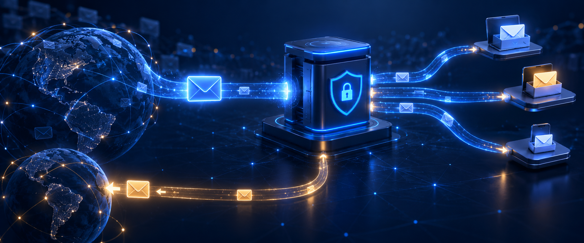 Illustration of email moving through a secure MailerZ routing layer to multiple inboxes